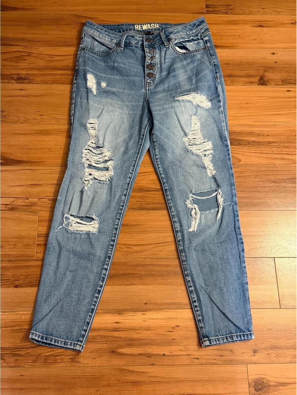 Rewash Juniors Size 7 Distressed Blue Jeans 100% Cotton Rigid Denim